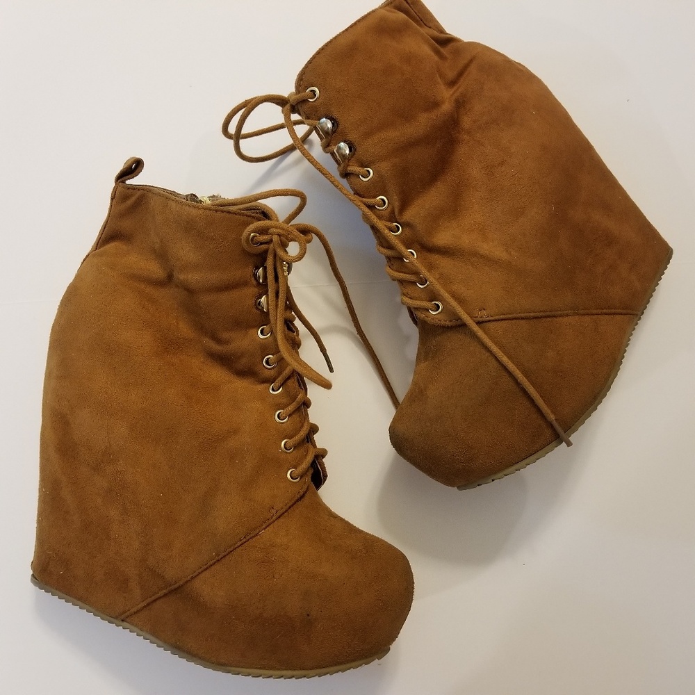 Faux Brown Suede Platform High Lace Up Wedge